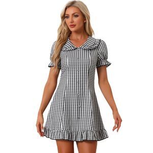 Gingham Print Ruffled Trim Puff Sleeve Peter Pan Collar Dress Black White